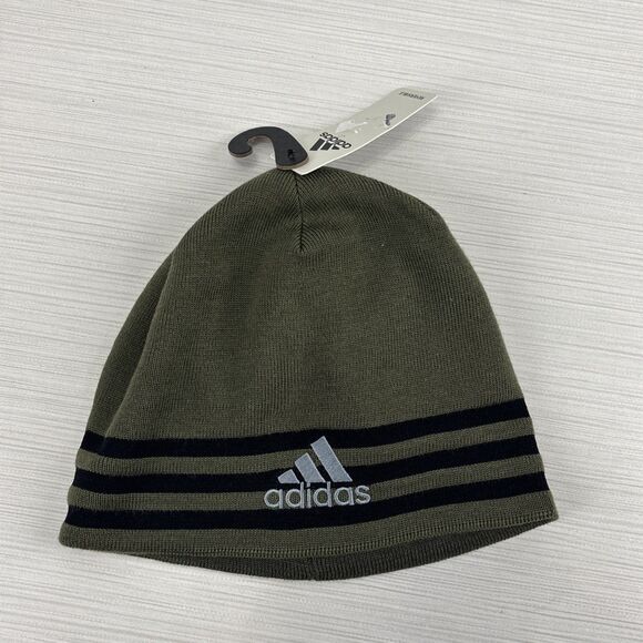 Adidas Mens Beanie Olive Green Hat Eclipse Reversible 3 Striped Beanie Cap NWT - Picture 1 of 5